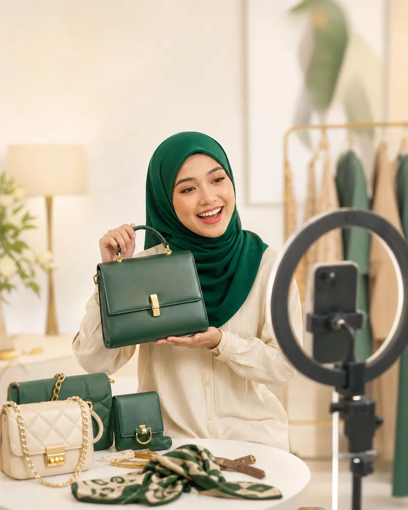 Penjual membuat live jualan beg tangan dengan telefon dan ring light