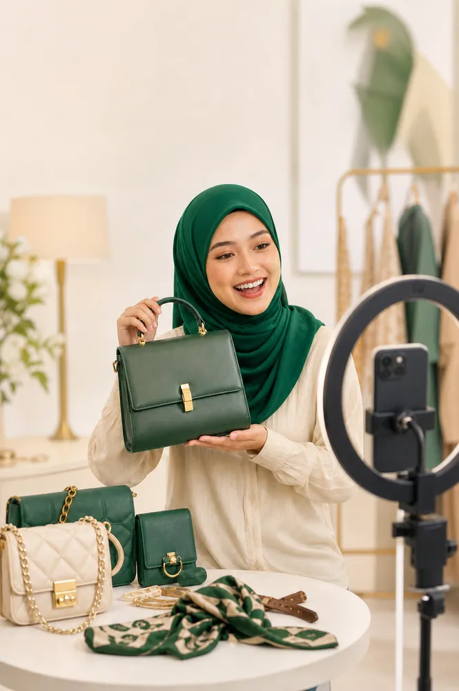 Live seller menunjukkan beg