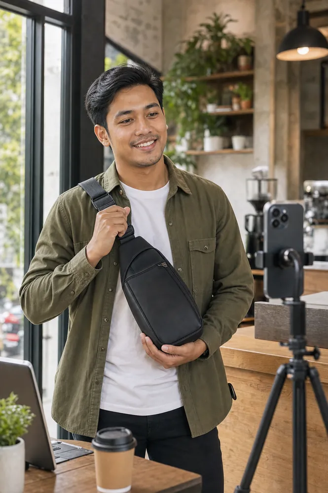 Rakan niaga lelaki memegang sling bag