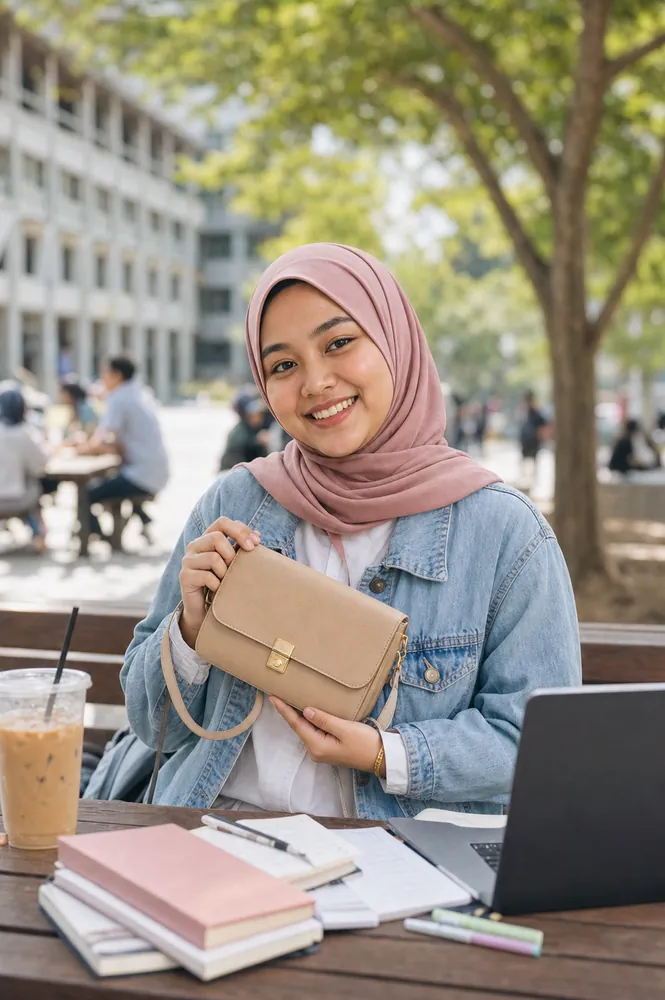 Pelajar universiti memegang beg